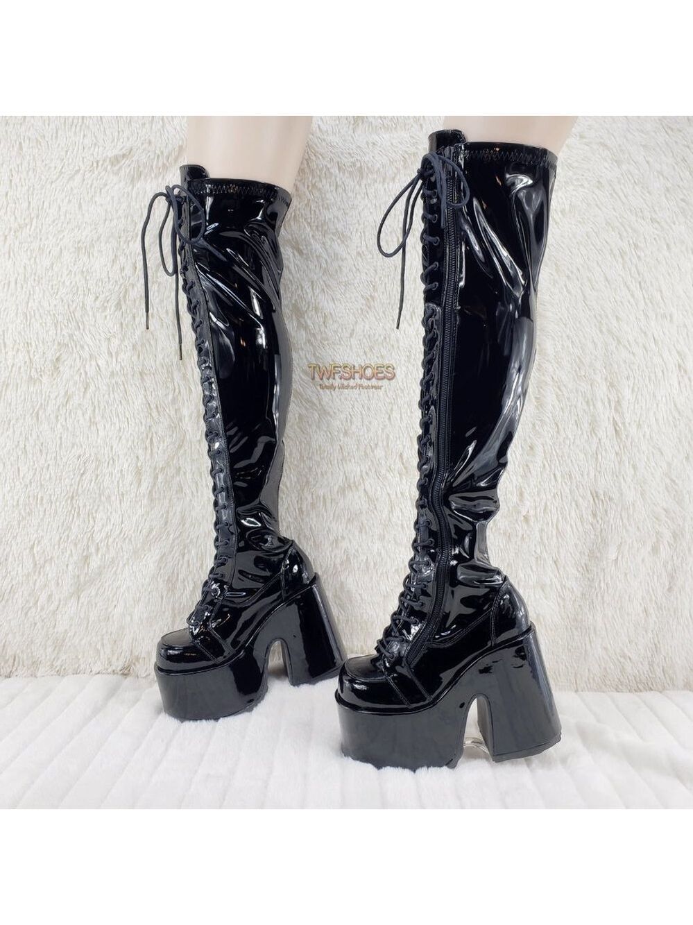 Chunky Platform Heel Stretch Lace Up Thigh Boots